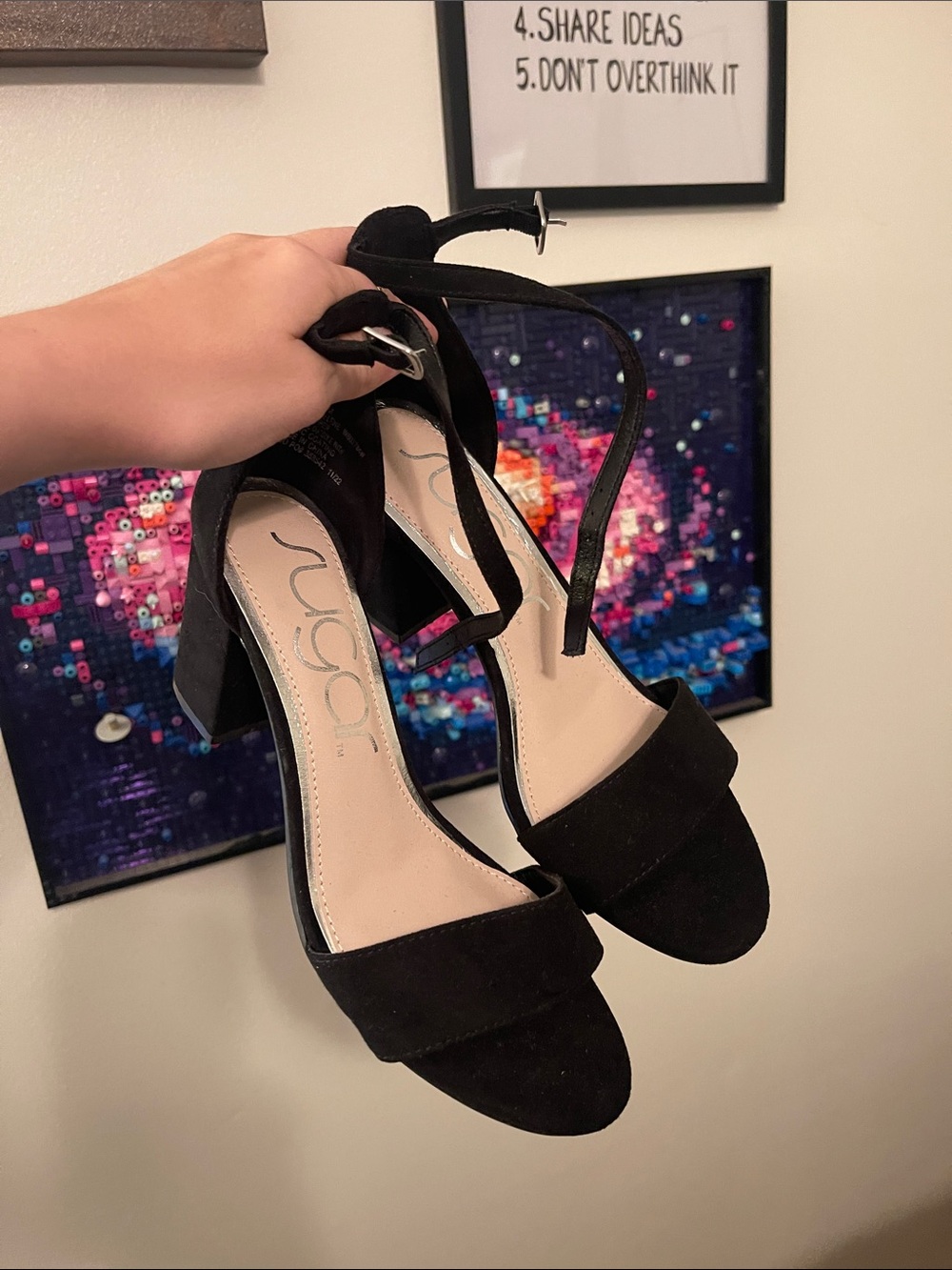 Sugar Black Suede Block Heel Sandals with Ankle Strap